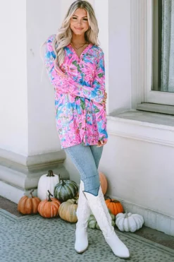 Fashion Dear-Lover Flower Print Long Sleeve Button Up Cardigan Pink