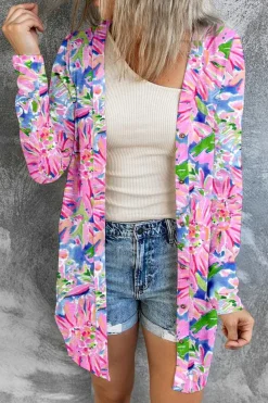 Fashion Dear-Lover Flower Print Long Sleeve Button Up Cardigan Pink
