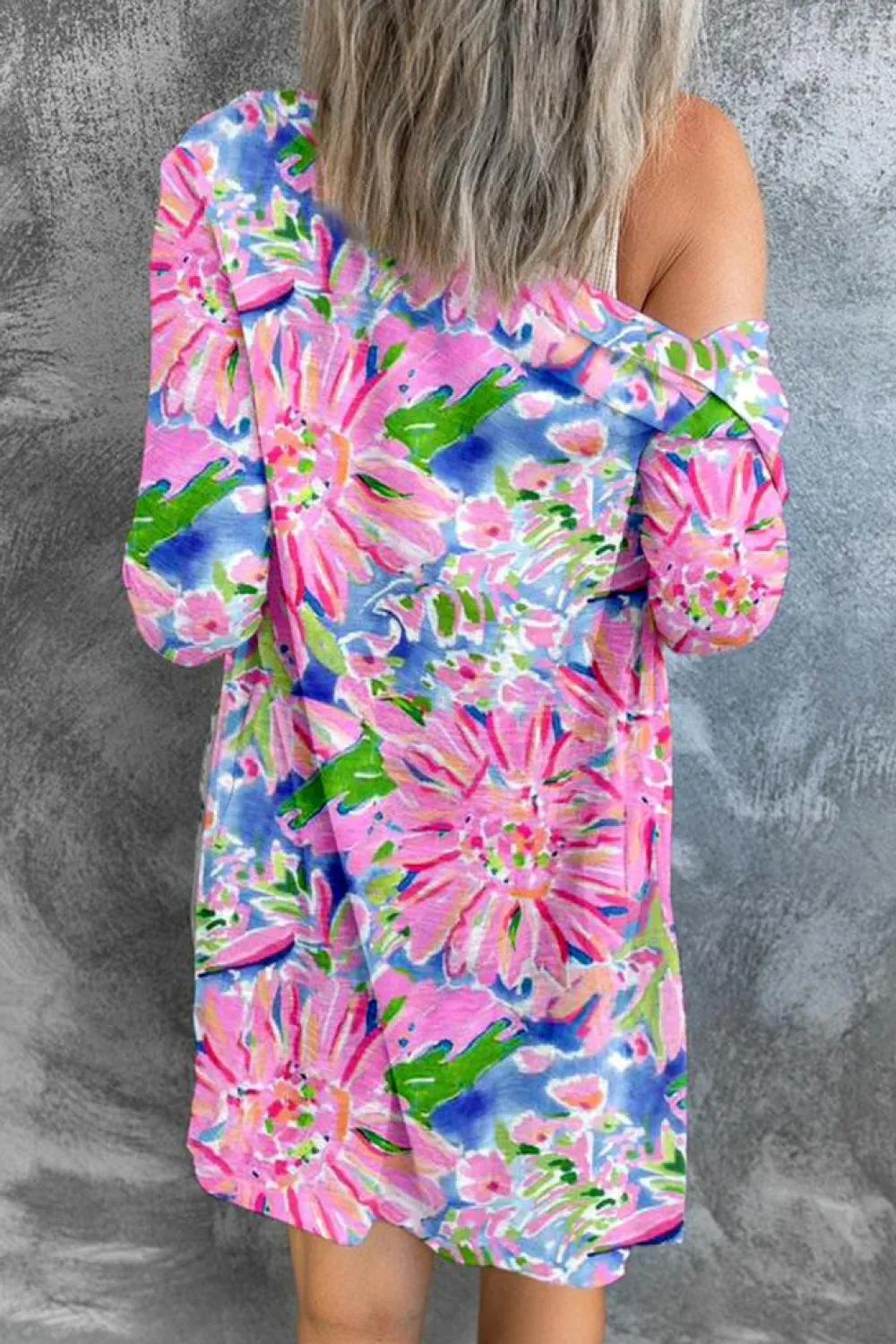 Fashion Dear-Lover Flower Print Long Sleeve Button Up Cardigan Pink
