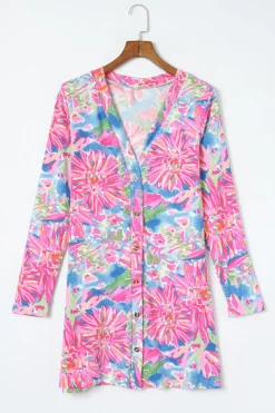 Fashion Dear-Lover Flower Print Long Sleeve Button Up Cardigan Pink