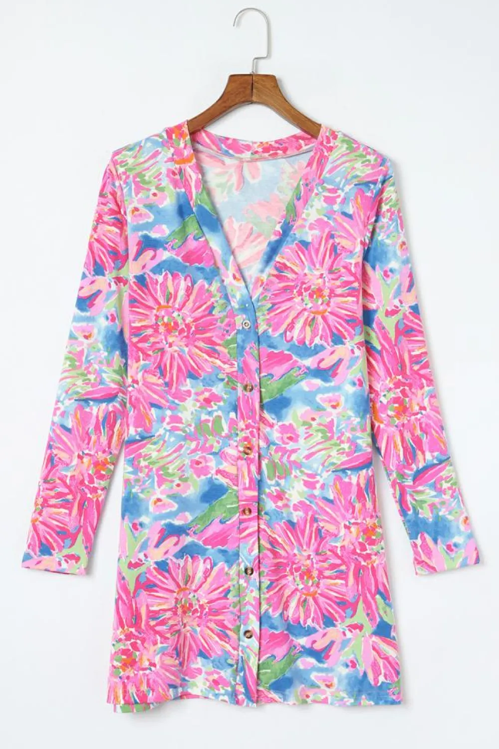 Fashion Dear-Lover Flower Print Long Sleeve Button Up Cardigan Pink