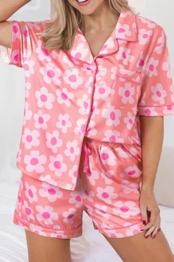 Sale Dear-Lover Flower Print Short Sleeve Shirt Pajamas Set Pink