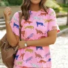 Sale Dear-Lover Flower Print Short Sleeve High Waist Two Piece Shorts Set Pink