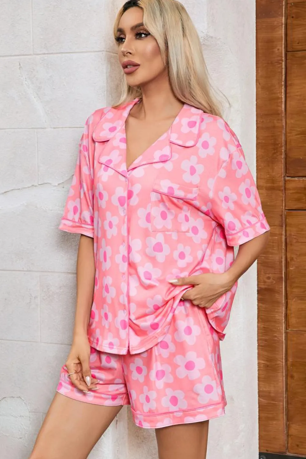 Sale Dear-Lover Flower Print Short Sleeve Shirt Pajamas Set Pink
