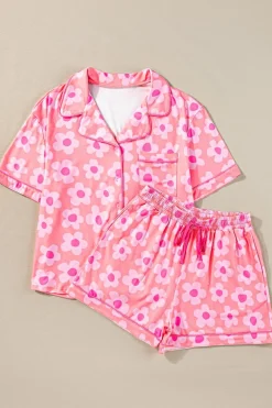 Sale Dear-Lover Flower Print Short Sleeve Shirt Pajamas Set Pink