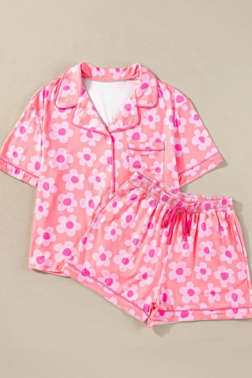 Sale Dear-Lover Flower Print Short Sleeve Shirt Pajamas Set Pink