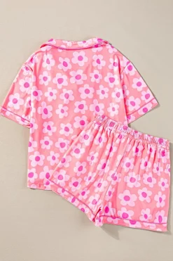 Sale Dear-Lover Flower Print Short Sleeve Shirt Pajamas Set Pink