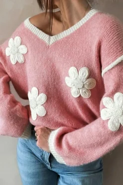 Clearance Dear-Lover Flower V Neck Dropped Shoulder Sweater Pink