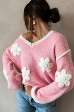 Clearance Dear-Lover Flower V Neck Dropped Shoulder Sweater Pink