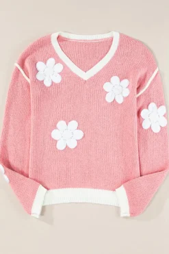 Clearance Dear-Lover Flower V Neck Dropped Shoulder Sweater Pink
