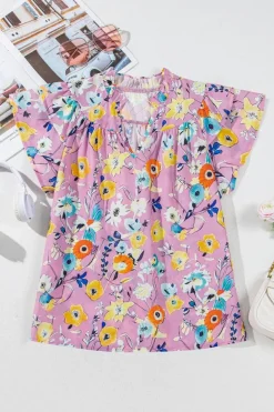 New Dear-Lover Flutter Sleeve V Neck Floral Top Pink