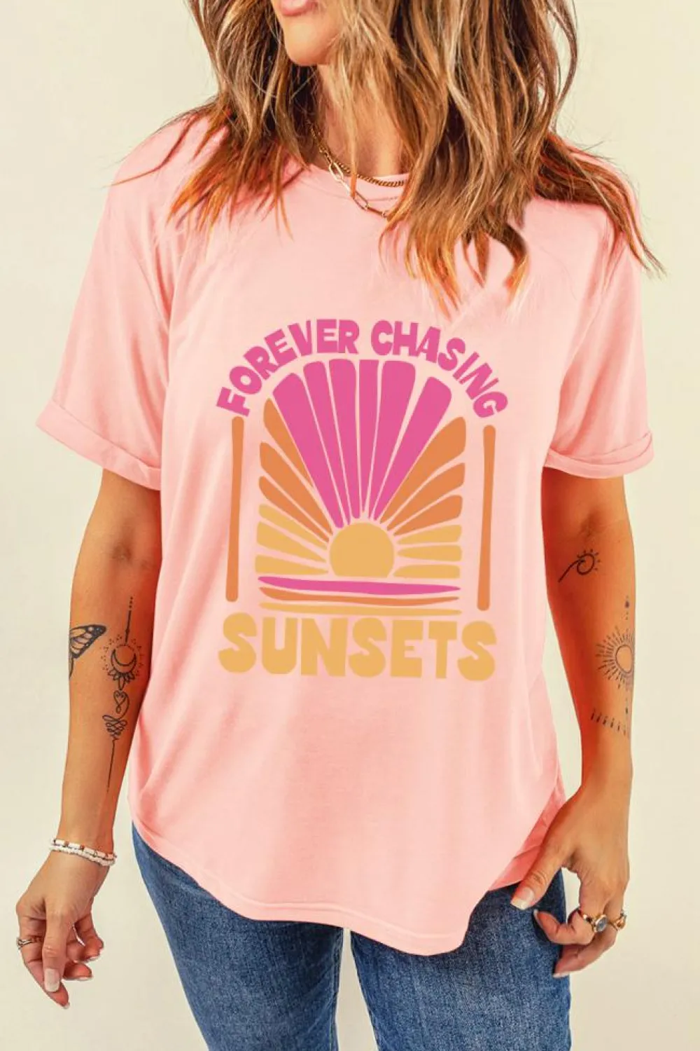 Best Dear-Lover FOREVER CHASING SUNSET Graphic T Shirt Pink