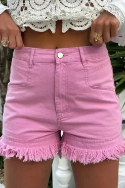 Discount Dear-Lover Frayed Edge Mid Rise Denim Shorts Pink
