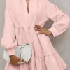 Fashion Dear-Lover Frilled Stand Collar Long Sleeve Ruffle Dress Pink