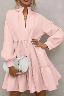 Fashion Dear-Lover Frilled Stand Collar Long Sleeve Ruffle Dress Pink