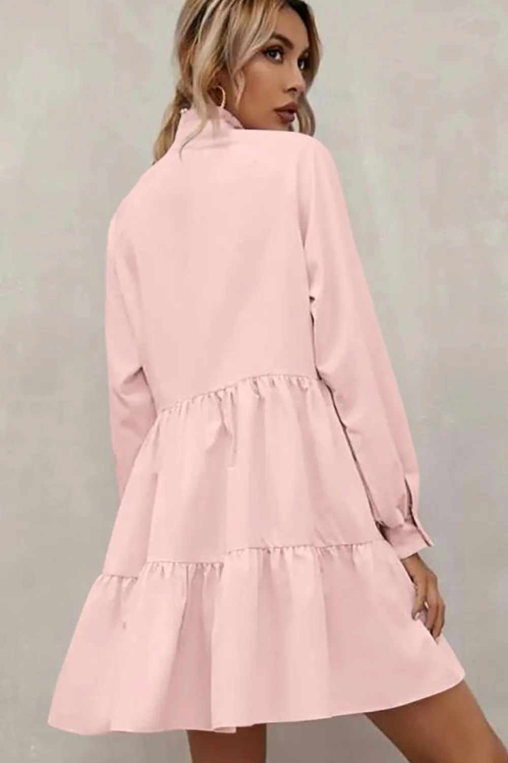 Fashion Dear-Lover Frilled Stand Collar Long Sleeve Ruffle Dress Pink