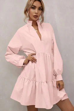 Fashion Dear-Lover Frilled Stand Collar Long Sleeve Ruffle Dress Pink