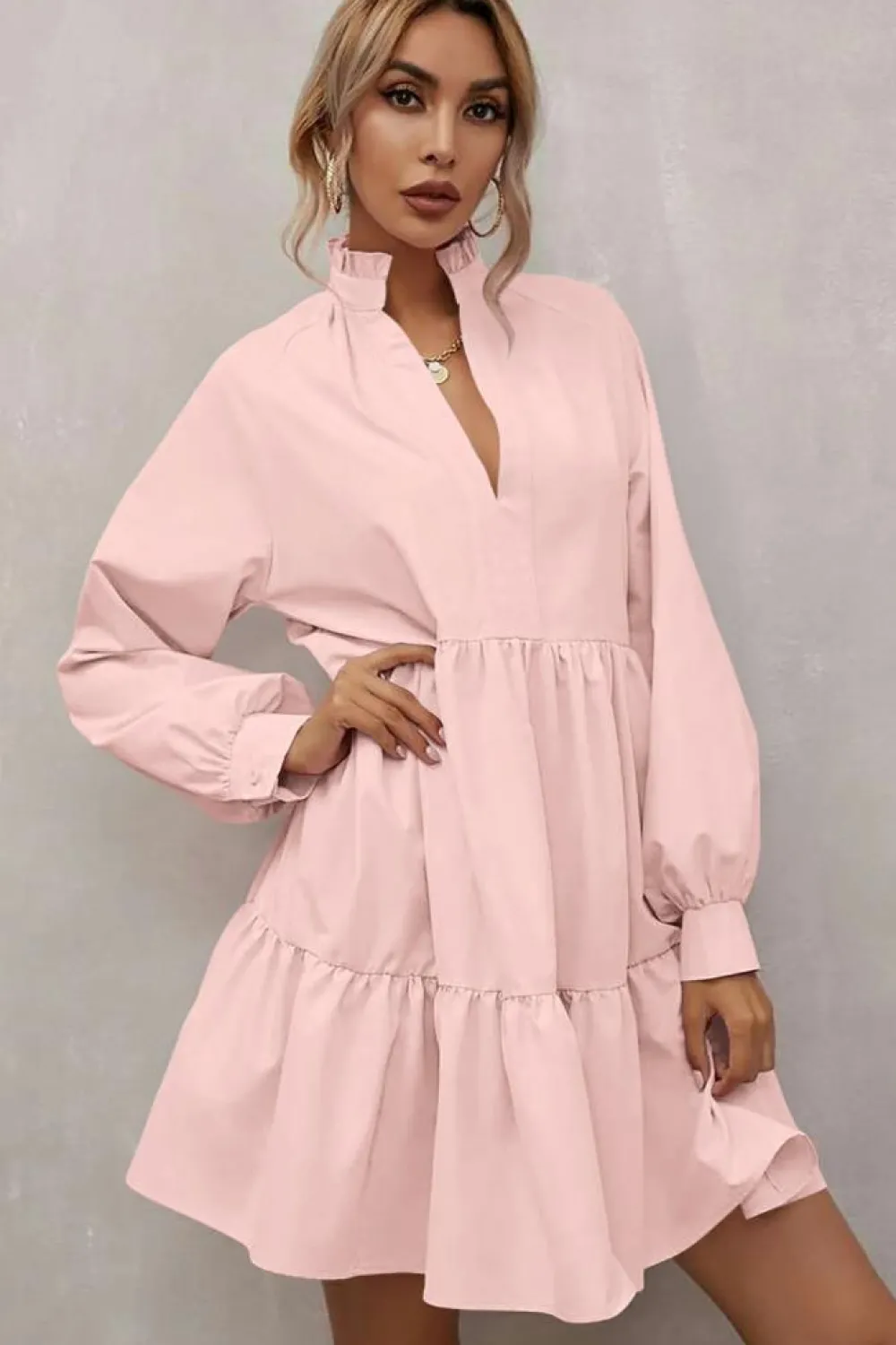 Fashion Dear-Lover Frilled Stand Collar Long Sleeve Ruffle Dress Pink