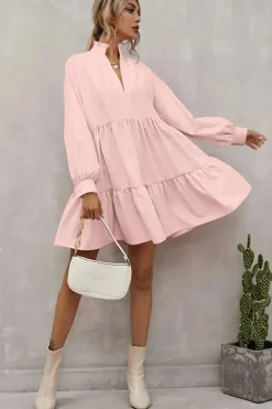 Fashion Dear-Lover Frilled Stand Collar Long Sleeve Ruffle Dress Pink