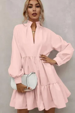 Fashion Dear-Lover Frilled Stand Collar Long Sleeve Ruffle Dress Pink
