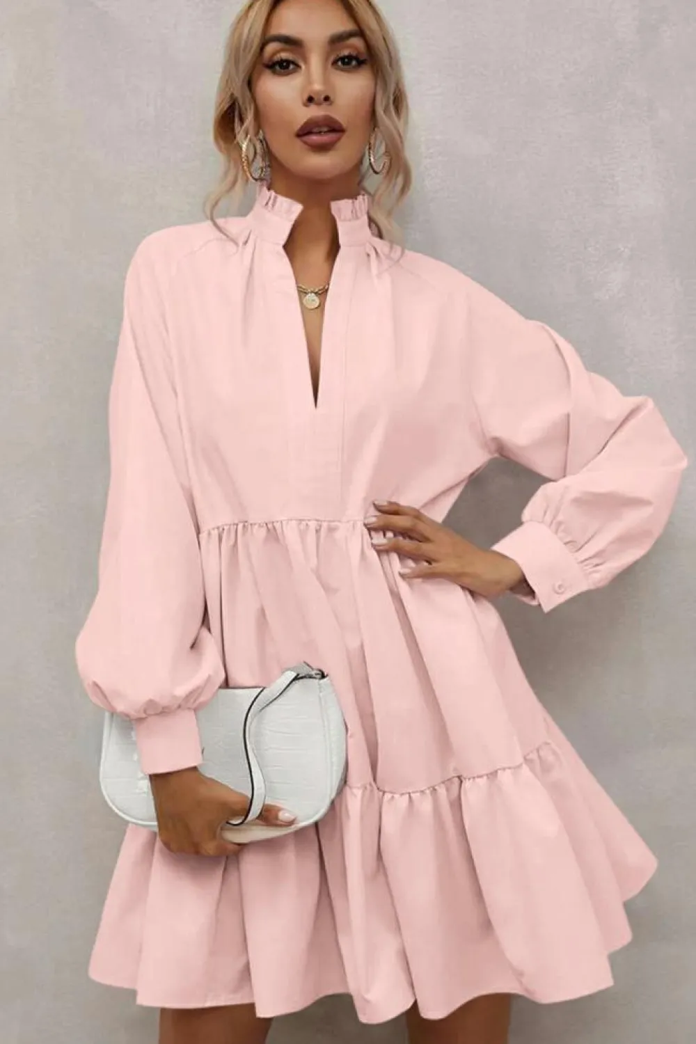 Fashion Dear-Lover Frilled Stand Collar Long Sleeve Ruffle Dress Pink