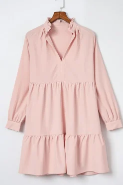 Fashion Dear-Lover Frilled Stand Collar Long Sleeve Ruffle Dress Pink