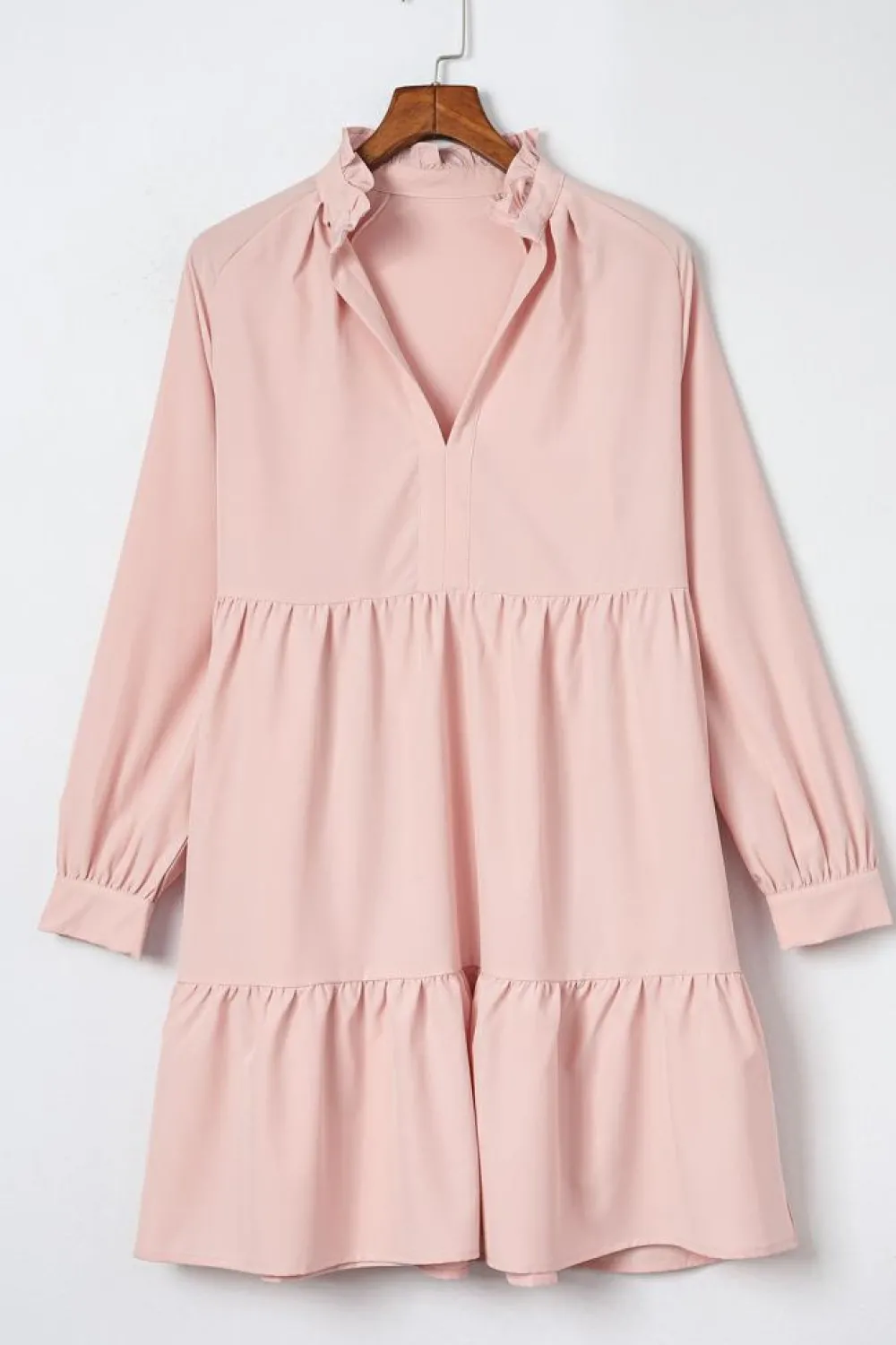 Fashion Dear-Lover Frilled Stand Collar Long Sleeve Ruffle Dress Pink