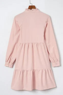 Fashion Dear-Lover Frilled Stand Collar Long Sleeve Ruffle Dress Pink