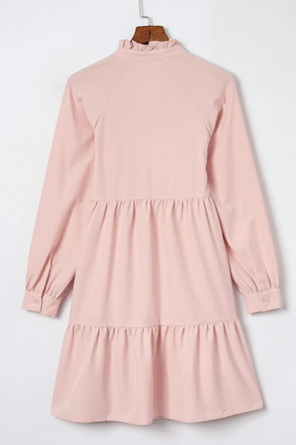 Fashion Dear-Lover Frilled Stand Collar Long Sleeve Ruffle Dress Pink