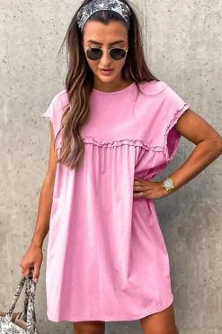 Fashion Dear-Lover Frilled Trim Crew Neck Loose Fit Mini Dress Pink