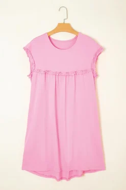 Fashion Dear-Lover Frilled Trim Crew Neck Loose Fit Mini Dress Pink
