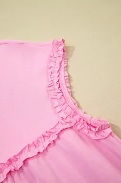 Fashion Dear-Lover Frilled Trim Crew Neck Loose Fit Mini Dress Pink