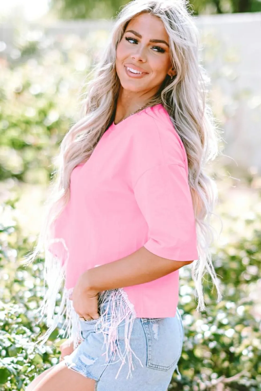 Hot Dear-Lover Fringed Sequin Crop T-shirt Pink