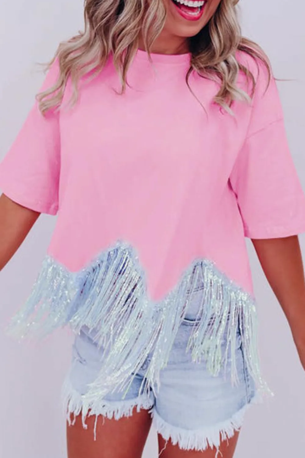 Hot Dear-Lover Fringed Sequin Crop T-shirt Pink