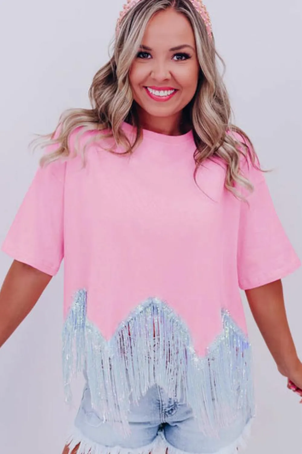 Hot Dear-Lover Fringed Sequin Crop T-shirt Pink