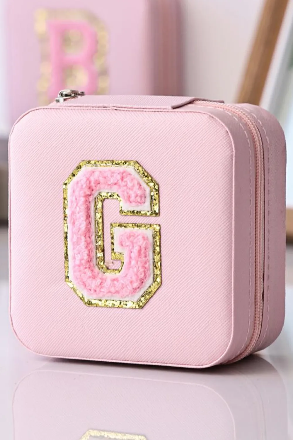 Clearance Dear-Lover G Chenille Letter Jewelry Organizer Box Pink