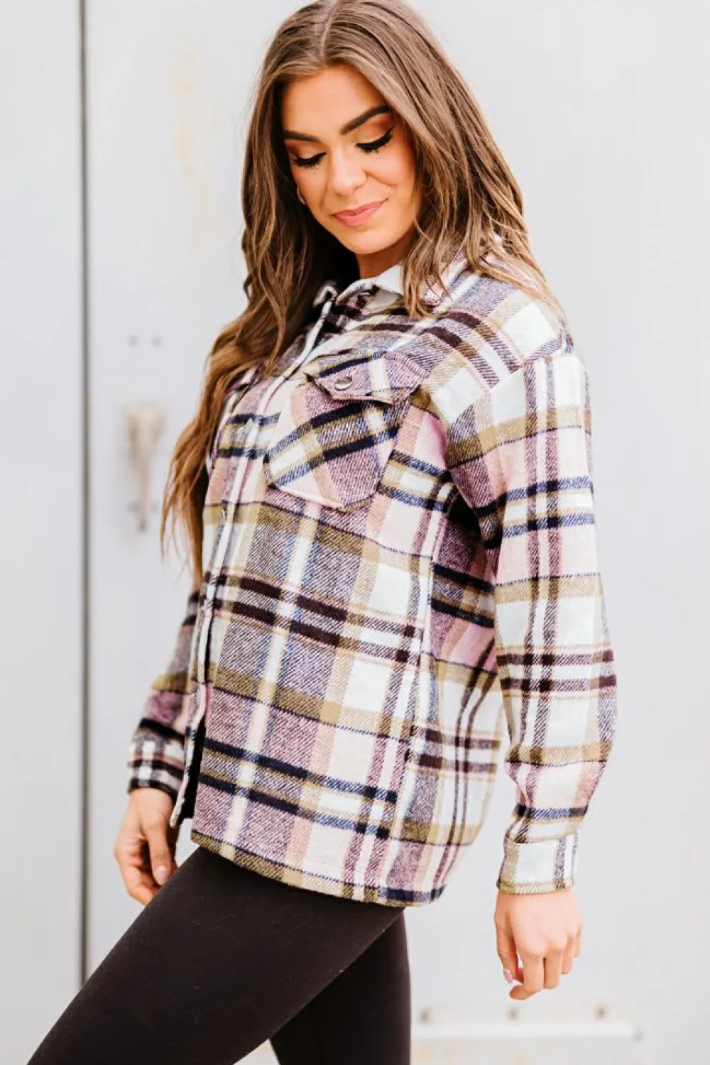 Outlet Dear-Lover Geometric Plaid Print Pocketed Shacket Pink