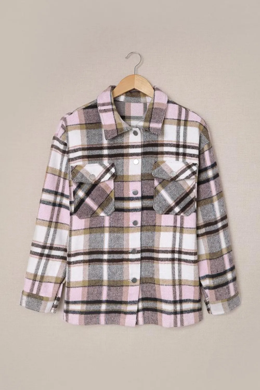 Outlet Dear-Lover Geometric Plaid Print Pocketed Shacket Pink