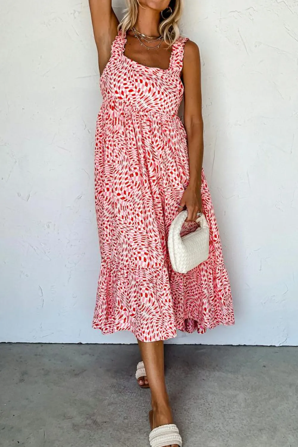 Outlet Dear-Lover Geometric Print Knot Back Sleeveless Ruffle Hem Dress Pink