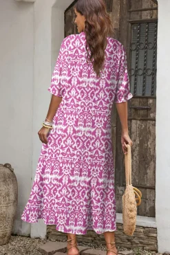 Fashion Dear-Lover Geometric Print V Neck Casual Long Dress Pink