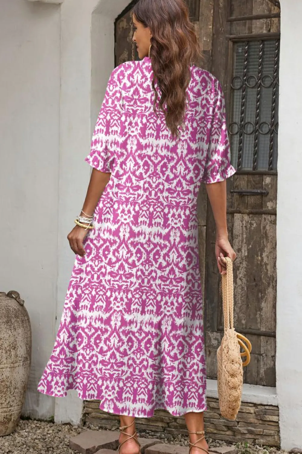 Fashion Dear-Lover Geometric Print V Neck Casual Long Dress Pink