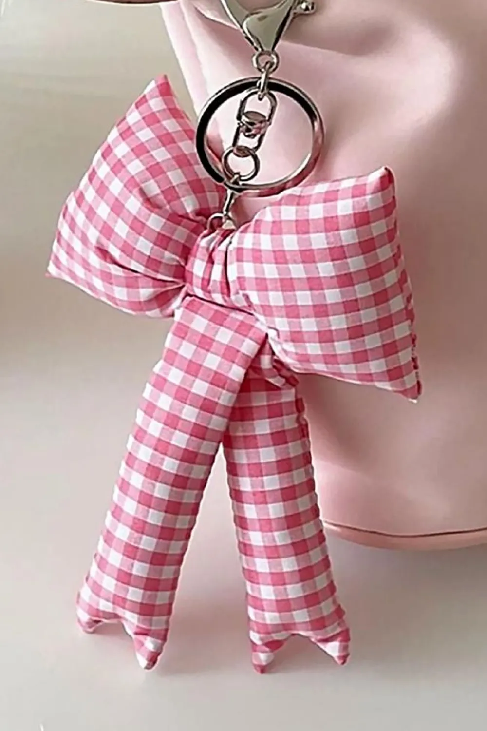 New Dear-Lover Gingham Puffer Bow Knot Bag Pendant Keychain Pink