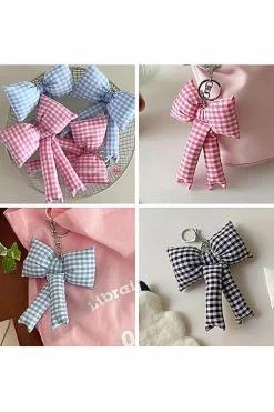 New Dear-Lover Gingham Puffer Bow Knot Bag Pendant Keychain Pink