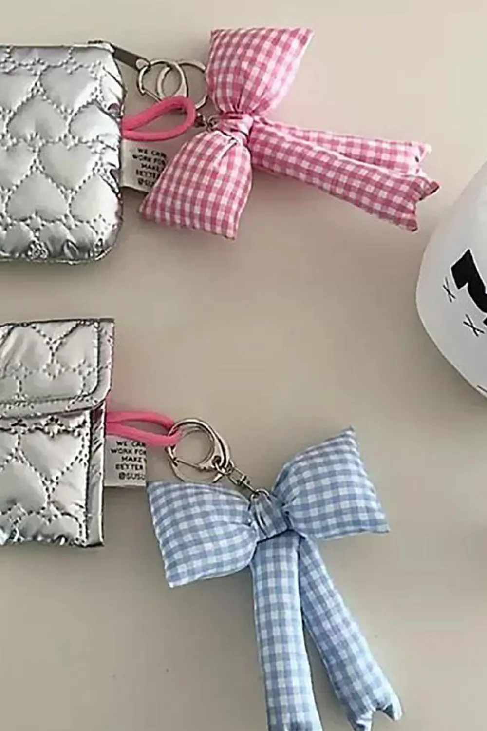 New Dear-Lover Gingham Puffer Bow Knot Bag Pendant Keychain Pink