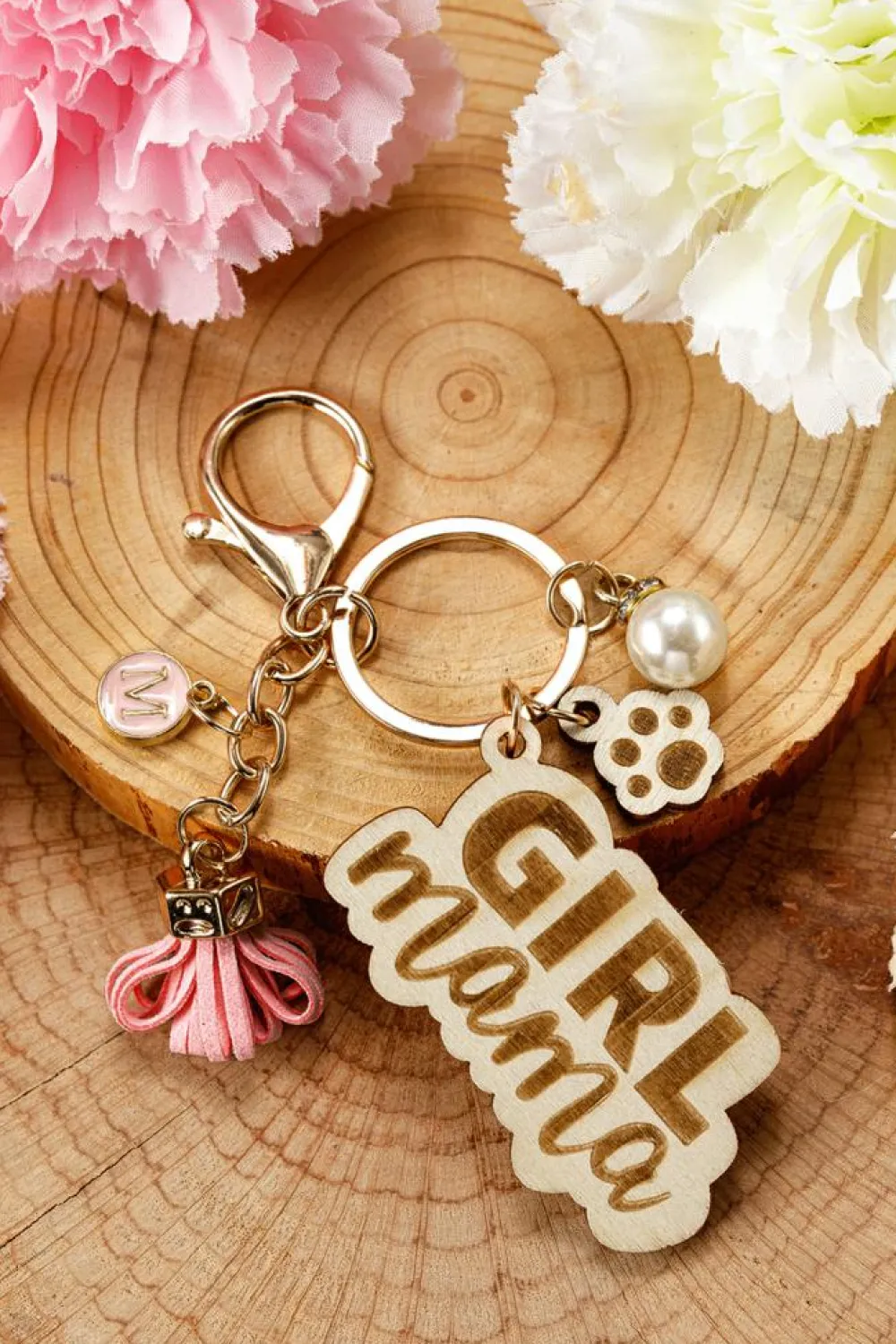 Clearance Dear-Lover Girl Mama Dog Claw Pearl Tassel Keychain Pink