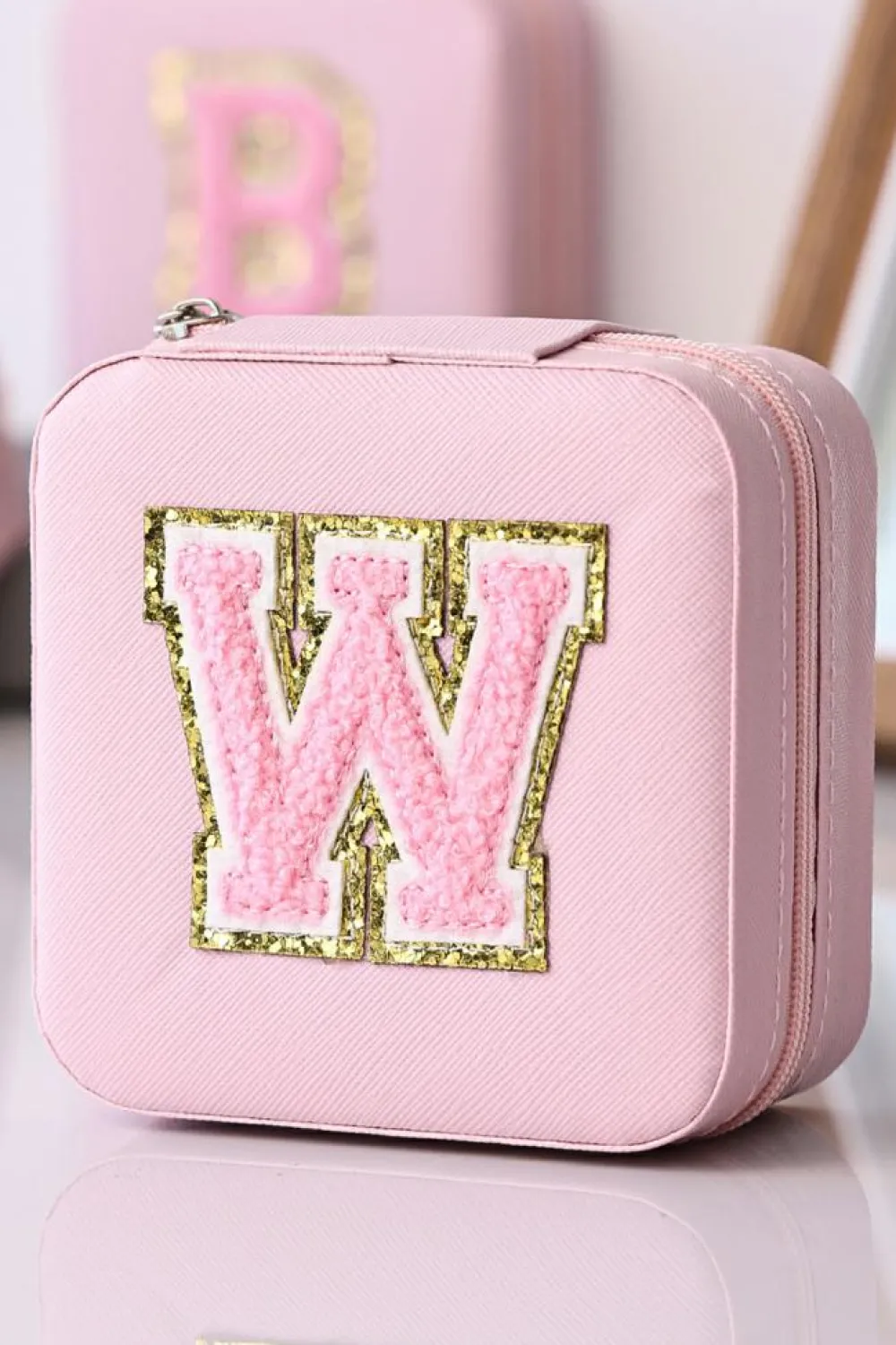 Fashion Dear-Lover Glitter Chenille Letter W Jewelry Box with Mirror Pink