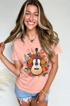Outlet Dear-Lover Guitar Flower Print Crew Neck Loose T Shirt Pink