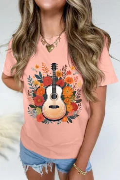 Outlet Dear-Lover Guitar Flower Print Crew Neck Loose T Shirt Pink