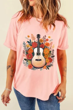 Outlet Dear-Lover Guitar Flower Print Crew Neck Loose T Shirt Pink