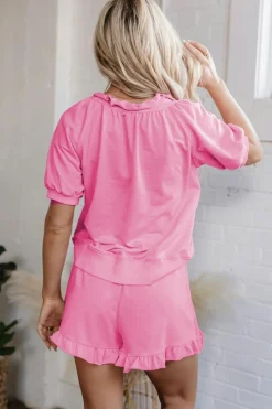 Hot Dear-Lover Half Zip Puff Sleeve Top and Ruffled Shorts Set Pink